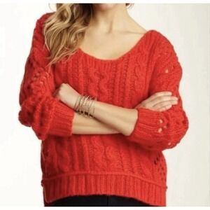 Free People Red Wildfire Wool Mohair Cable Knit Pullover Fluff Sweater Medium